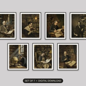Set of 7 vintage portrait printable prints shown as a gallery wall