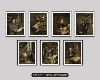 Dark Academia Portrait Prints Set of 7 | Vintage Scholar Wall Art | Study Nook Digital Download