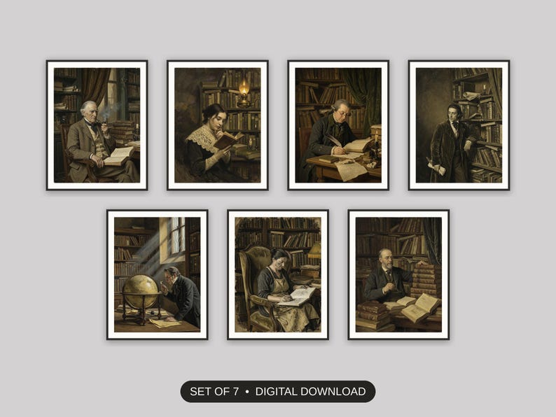 Set of 7 vintage portrait printable prints shown as a gallery wall