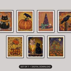 Set of 7 halloween decor and spooky season wall art printable prints shown as a gallery wall
