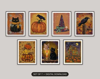 Folk Art Halloween, Set Of 7 Prints, Primitive Whimsigoth Cottagecore, Kitchen Mantel Decor, Cozy Entryway Gallery Wall, Digital Download