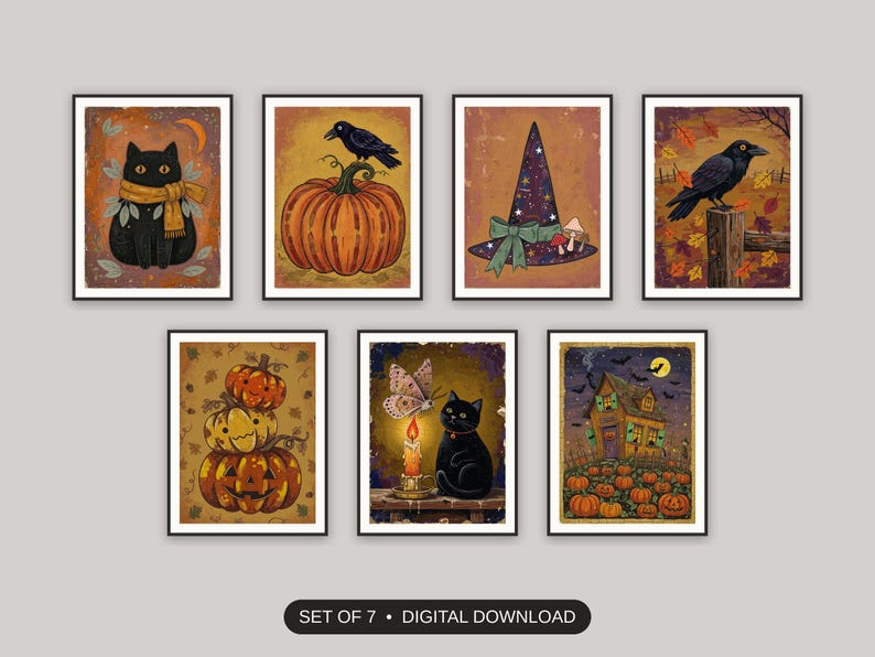 Set of 7 halloween decor and spooky season wall art printable prints shown as a gallery wall