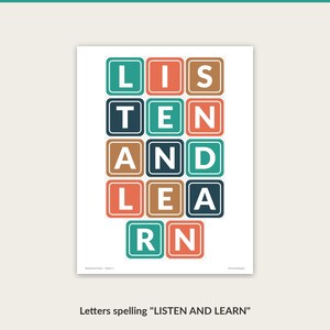 Cut-out letters spelling LISTEN AND LEARN