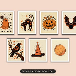 Set of 7 halloween decor printable prints shown as a gallery wall