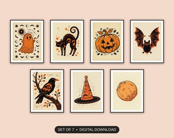 Spookachtige wanddecoratie, set van 7, retro Halloween-prints uit het midden van de vorige eeuw, fotowand in de keuken, decoratie voor de schoorsteenmantel in de hal met atomische diner-thema, digitale download