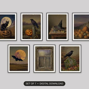 Set of 7 halloween decor printable prints shown as a gallery wall