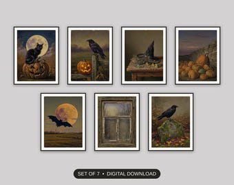 Vintage Halloween Print Set Of 7, Antique Oil Painting Bundle, Spooky Season Gallery Wall, Entryway Mantel Decor, Fall Home Art