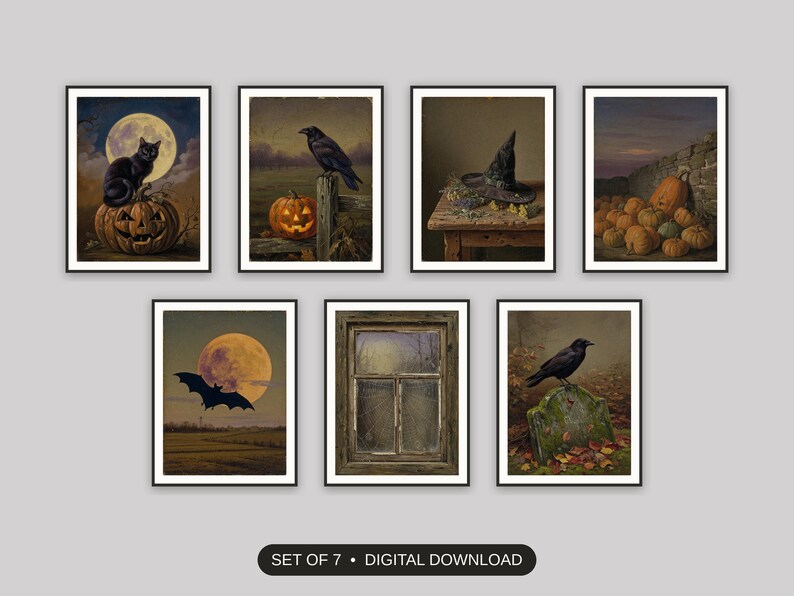 Set of 7 halloween decor printable prints shown as a gallery wall