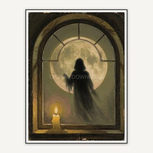 Vintage oil painting of a ghost silhouette against a full moon in an arched window