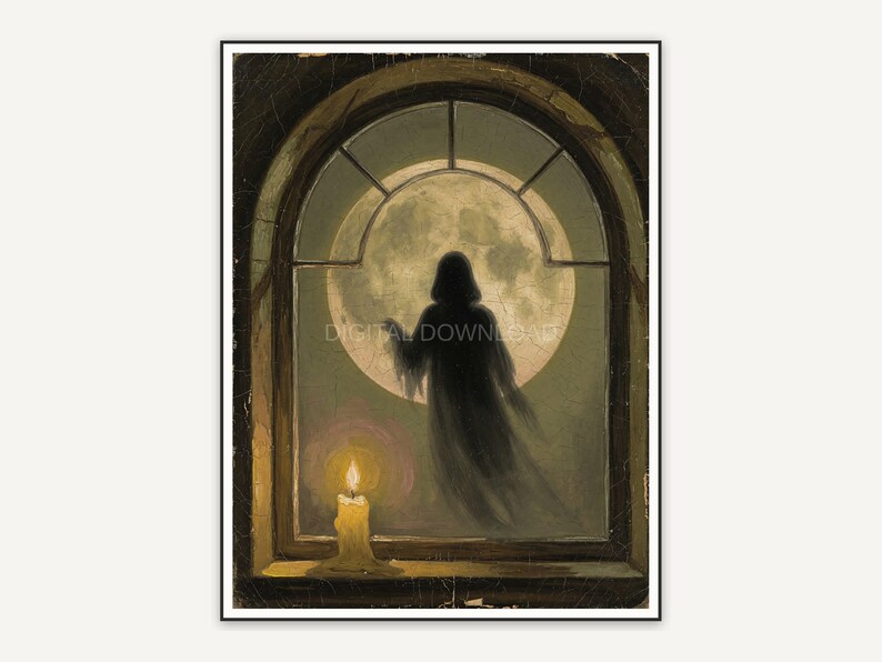 Vintage oil painting of a ghost silhouette against a full moon in an arched window