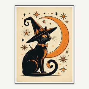 Black cat in witch hat with crescent moon, retro flat style