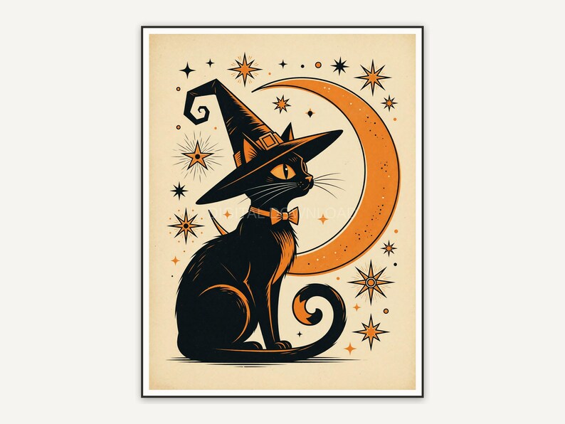 Black cat in witch hat with crescent moon, retro flat style