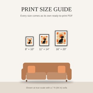 Print size guide showing 8x10, 11x14, and 16x20 framed prints at true scale beside a sofa