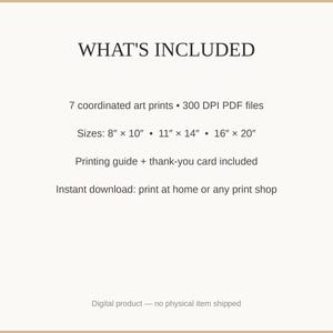 What's included: 7 art prints as 300 DPI PDFs in three sizes plus printing guide and thank-you card