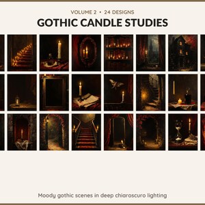 Volume 2 Gothic Candle Studies: 24 printable Halloween art designs, moody gothic scenes in deep chiaroscuro lighting