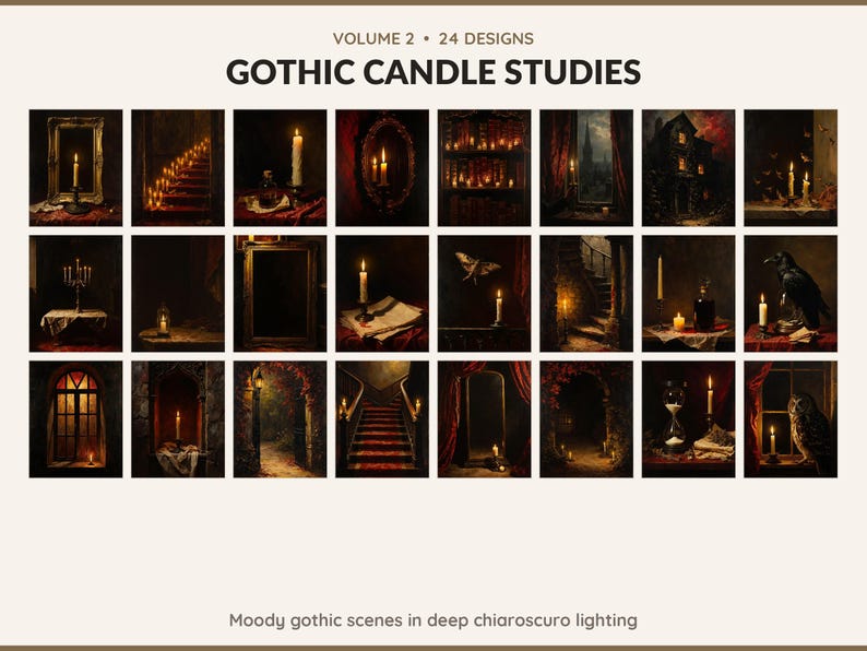 Volume 2 Gothic Candle Studies: 24 printable Halloween art designs, moody gothic scenes in deep chiaroscuro lighting