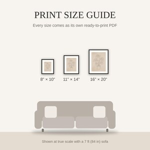 Print size guide showing 8x10, 11x14, and 16x20 framed prints at true scale beside a sofa