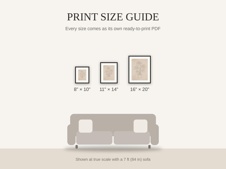 Print size guide showing 8x10, 11x14, and 16x20 framed prints at true scale beside a sofa