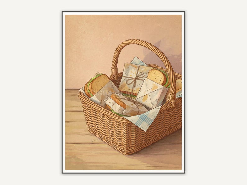 vintage basket with sandwiches print