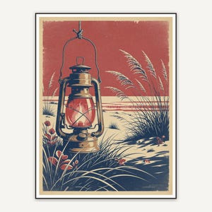 Antique lantern and coastal grasses print