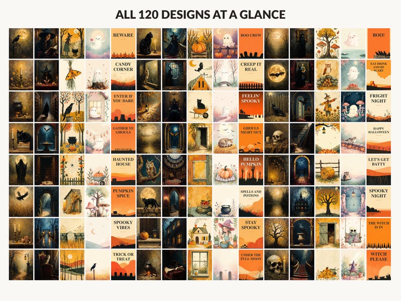 All 120 Halloween printable designs in the bundle shown together on one contact sheet