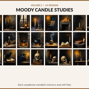 Volume 2 Moody Candle Studies: 24 printable Halloween art designs, dark academia candlelit interiors and still lifes