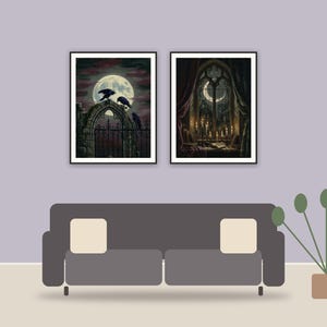 halloween decor and spooky season wall art printable art framed above a sofa in a styled living room