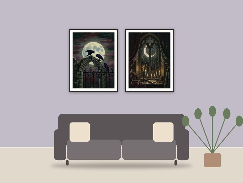 halloween decor and spooky season wall art printable art framed above a sofa in a styled living room