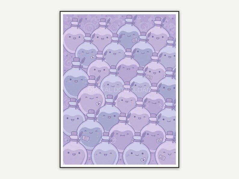 Smiling potion bottles in lavender creepy cute palette