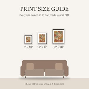 Print size guide showing 8x10, 11x14, and 16x20 framed prints at true scale beside a sofa