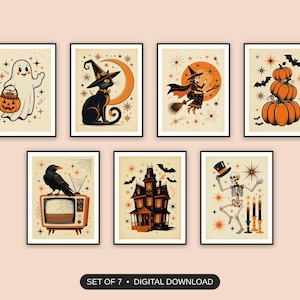 Set of 7 retro mid-century halloween home decor printable prints shown as a gallery wall