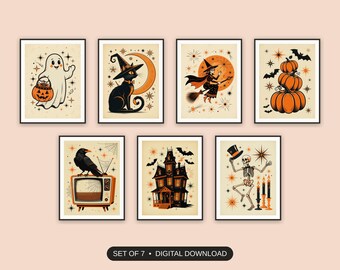 Halloween Home Decor, Set Of 7 Prints, Retro Mid Century Halloween Art, Entryway Gallery Wall, Atomic Diner Style, Digital Download