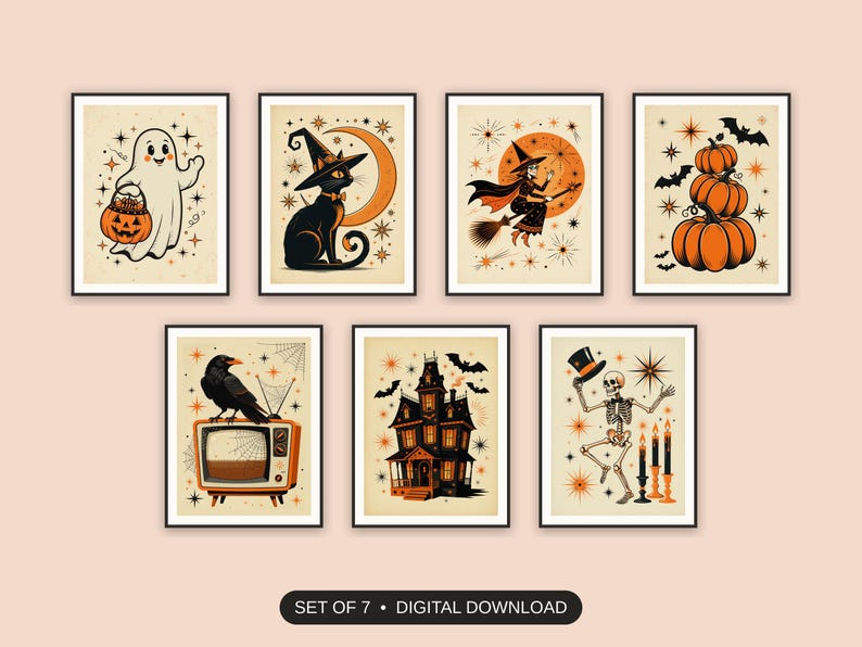 Set of 7 retro mid-century halloween home decor printable prints shown as a gallery wall