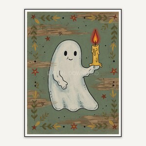 Folk ghost holding candle in sage tones