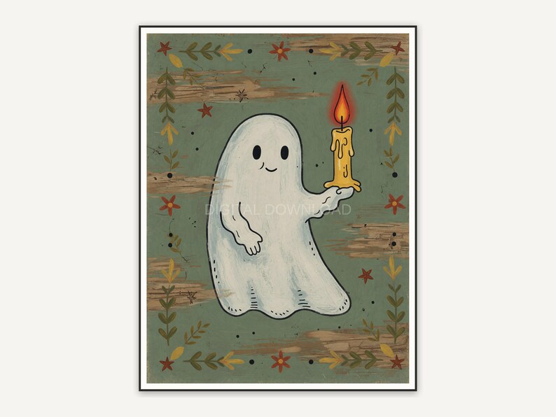Folk ghost holding candle in sage tones