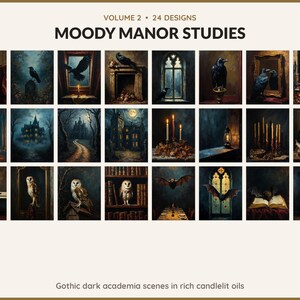 Volume 2 Moody Manor Studies: 24 printable Halloween art designs, gothic dark academia scenes in rich candlelit oils