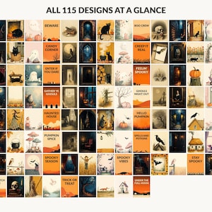 All 115 Halloween printable designs in the bundle shown together on one contact sheet