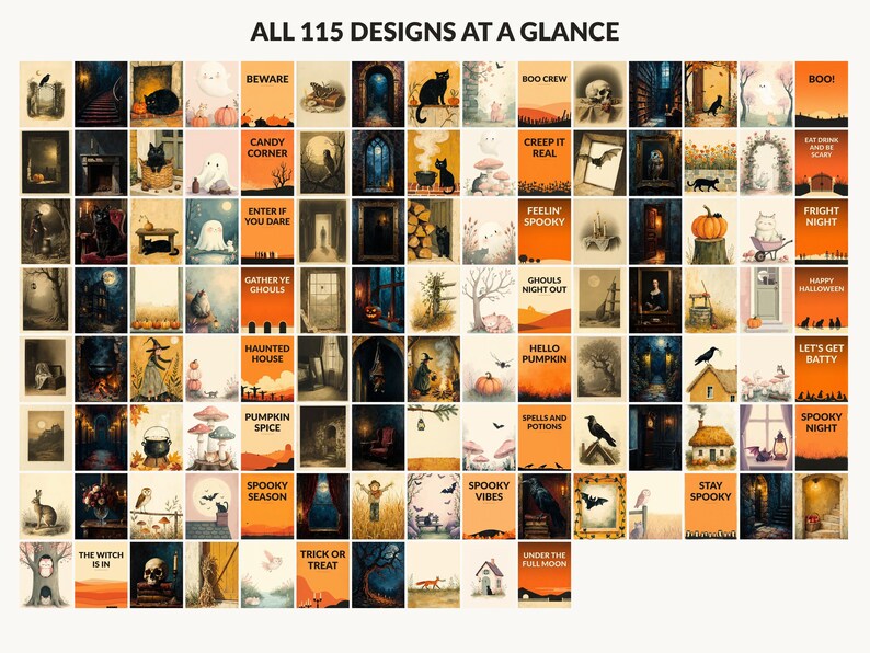 All 115 Halloween printable designs in the bundle shown together on one contact sheet