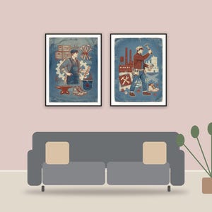 americana workwear art printable art framed above a sofa in a styled living room