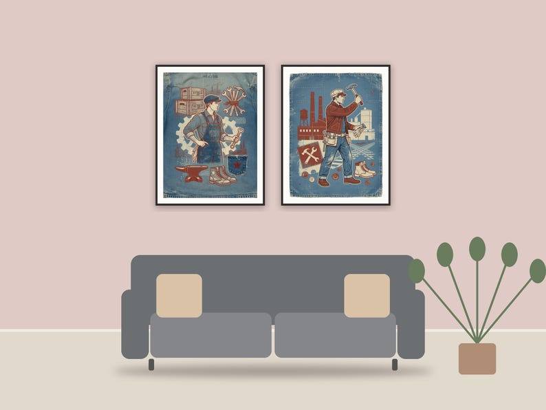 americana workwear art printable art framed above a sofa in a styled living room
