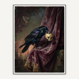 Raven holding a small skull against faded velvet drape
