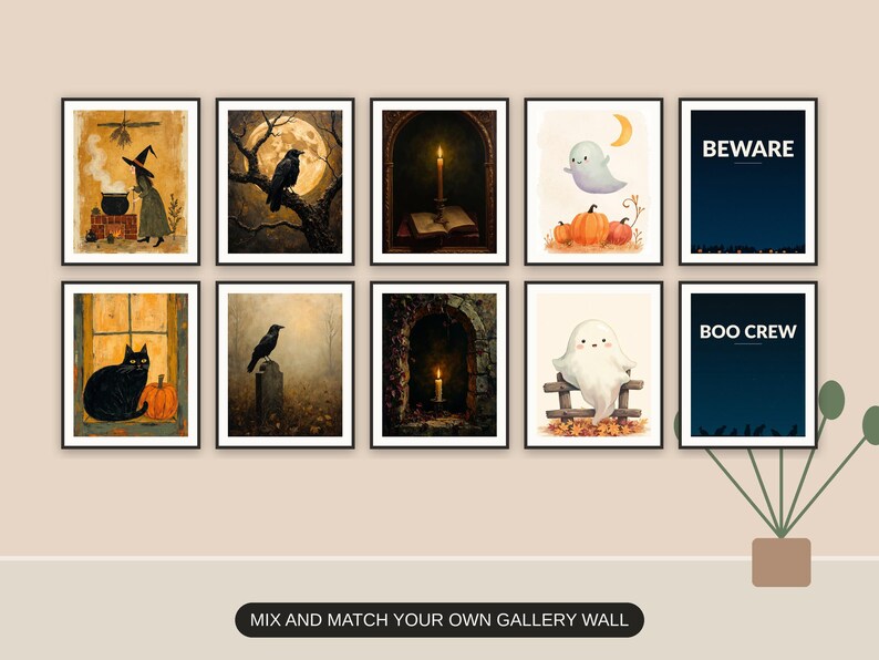 Ten Halloween prints from the bundle framed together as a gallery wall above a console table