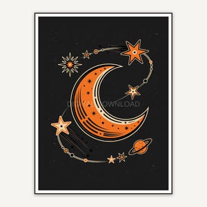 Retro mid-century moon print in orange and black