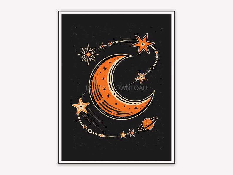 Retro mid-century moon print in orange and black