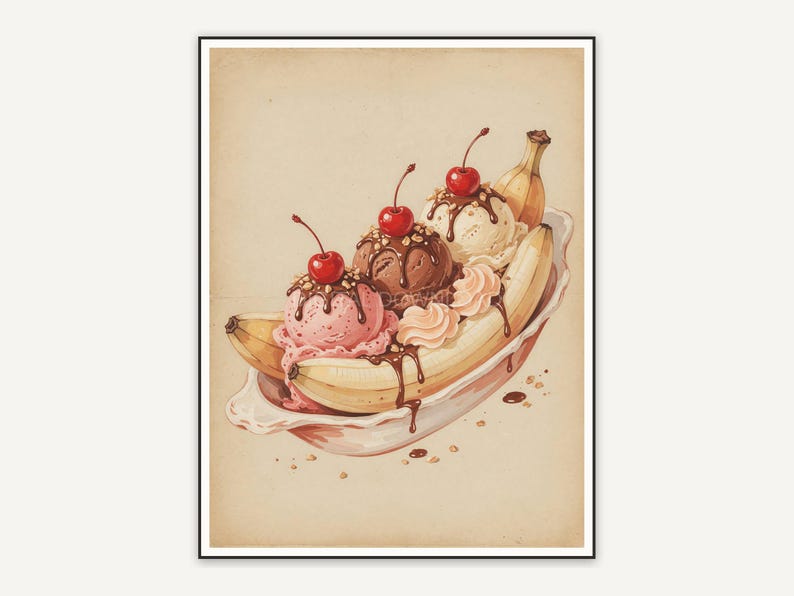 Faded vintage banana split print in nostalgic palette