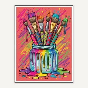 paintbrushes in a jar with rainbow paint drips
