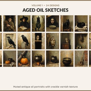 Volume 1 Aged Oil Sketches: 24 printable Halloween art designs, muted antique oil portraits with crackle varnish texture