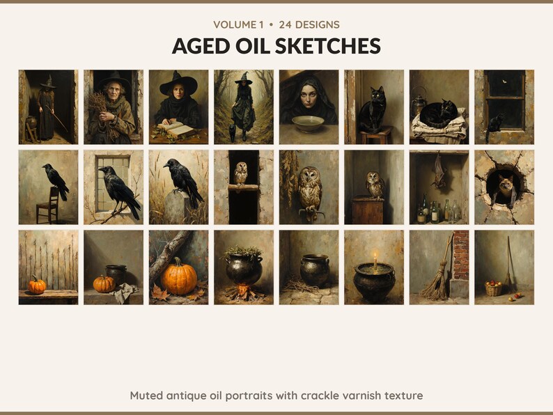 Volume 1 Aged Oil Sketches: 24 printable Halloween art designs, muted antique oil portraits with crackle varnish texture