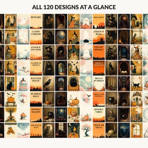 All 120 Halloween printable designs in the bundle shown together on one contact sheet