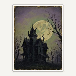 Vintage oil painting of haunted manor under full moon